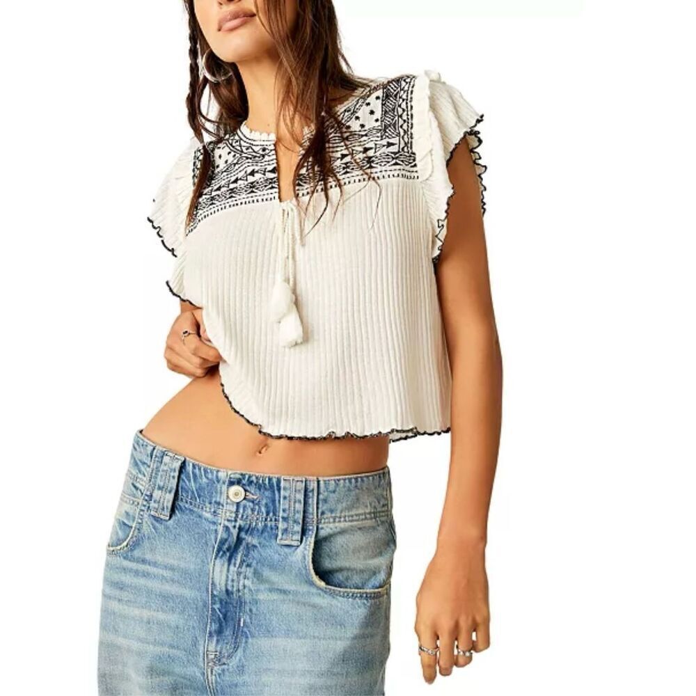 Free People Black and White Sarafina Tassel Top Size Small New